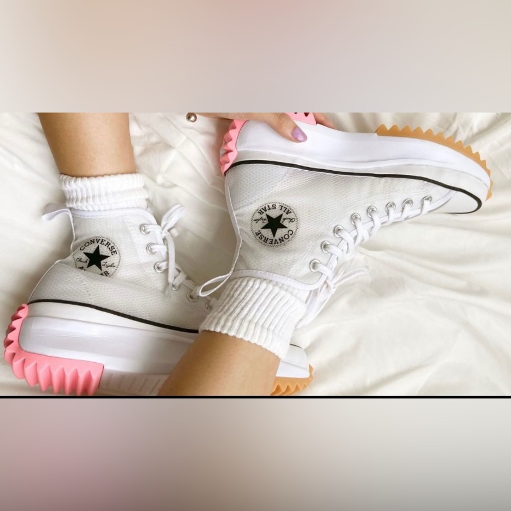Converse White High-Top Sneakers with Pink and Orange Soles